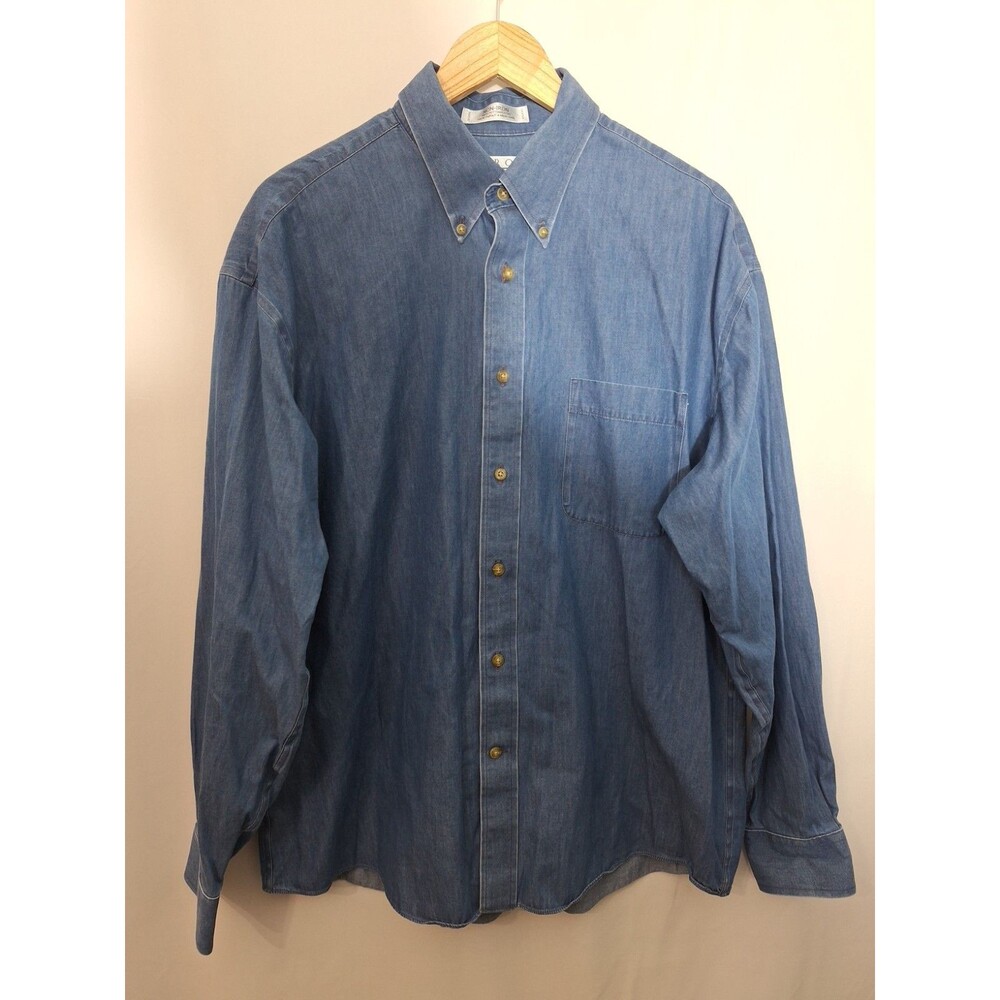 ENRO Men's No Iron Denim Chambray Button Up Shirt Sz L Twill Long Sleeve Vintage